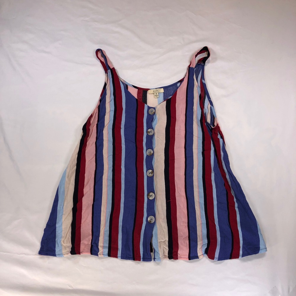 Kori America Women Blue Pink Striped Button Front Cotton Tank Top Size M N6427